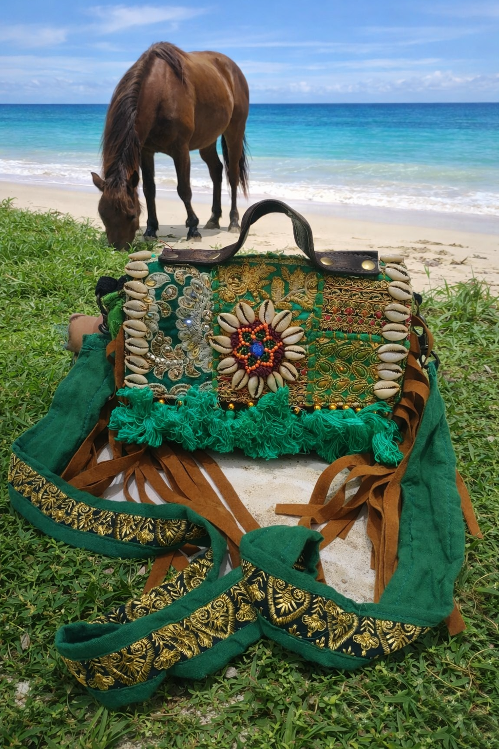 Handcrafted Green Patchwork Sling Bag with Tassels & Embellished Strap