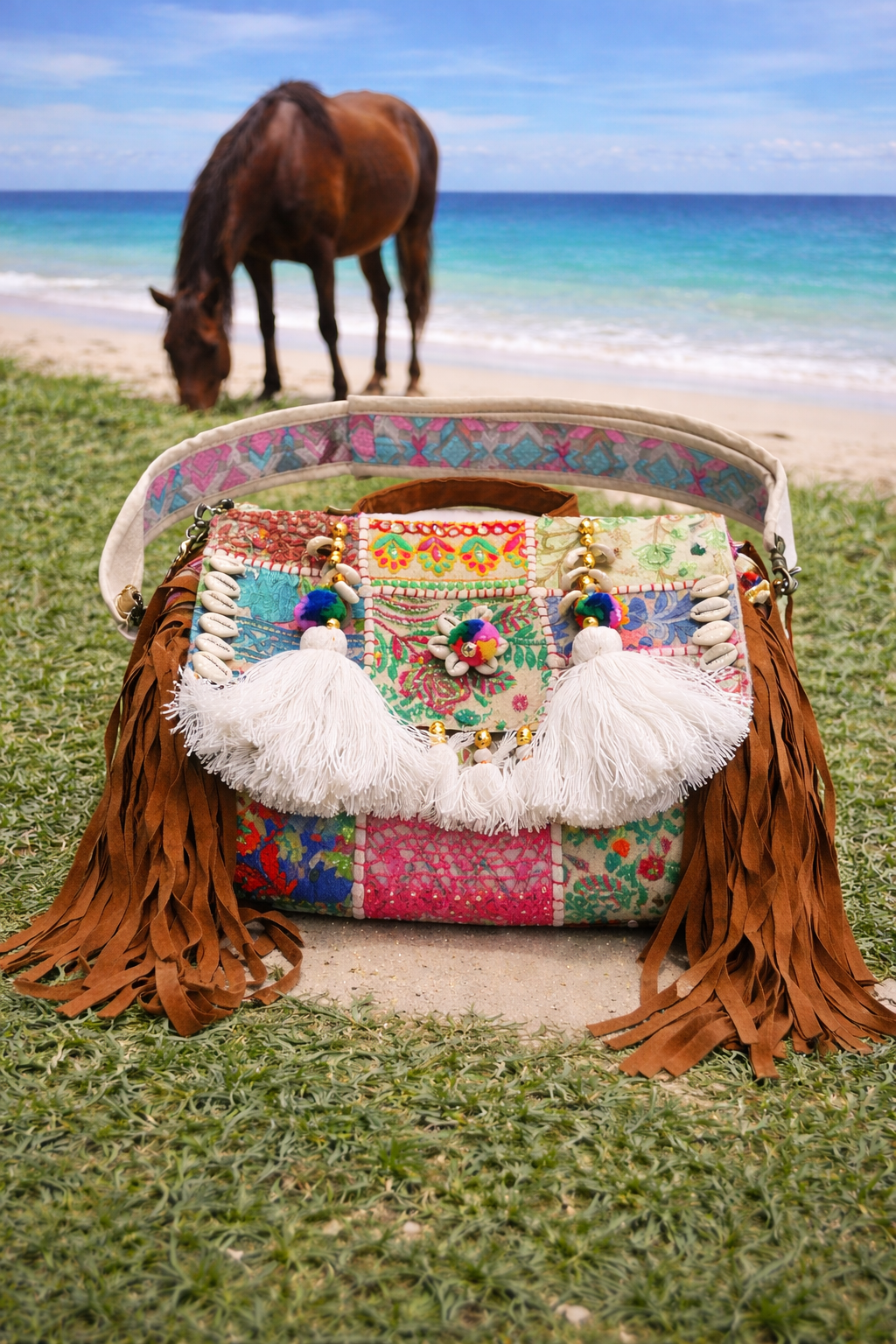 White Patchwork Banjara Big Sling Bag with White Tassels & Shells