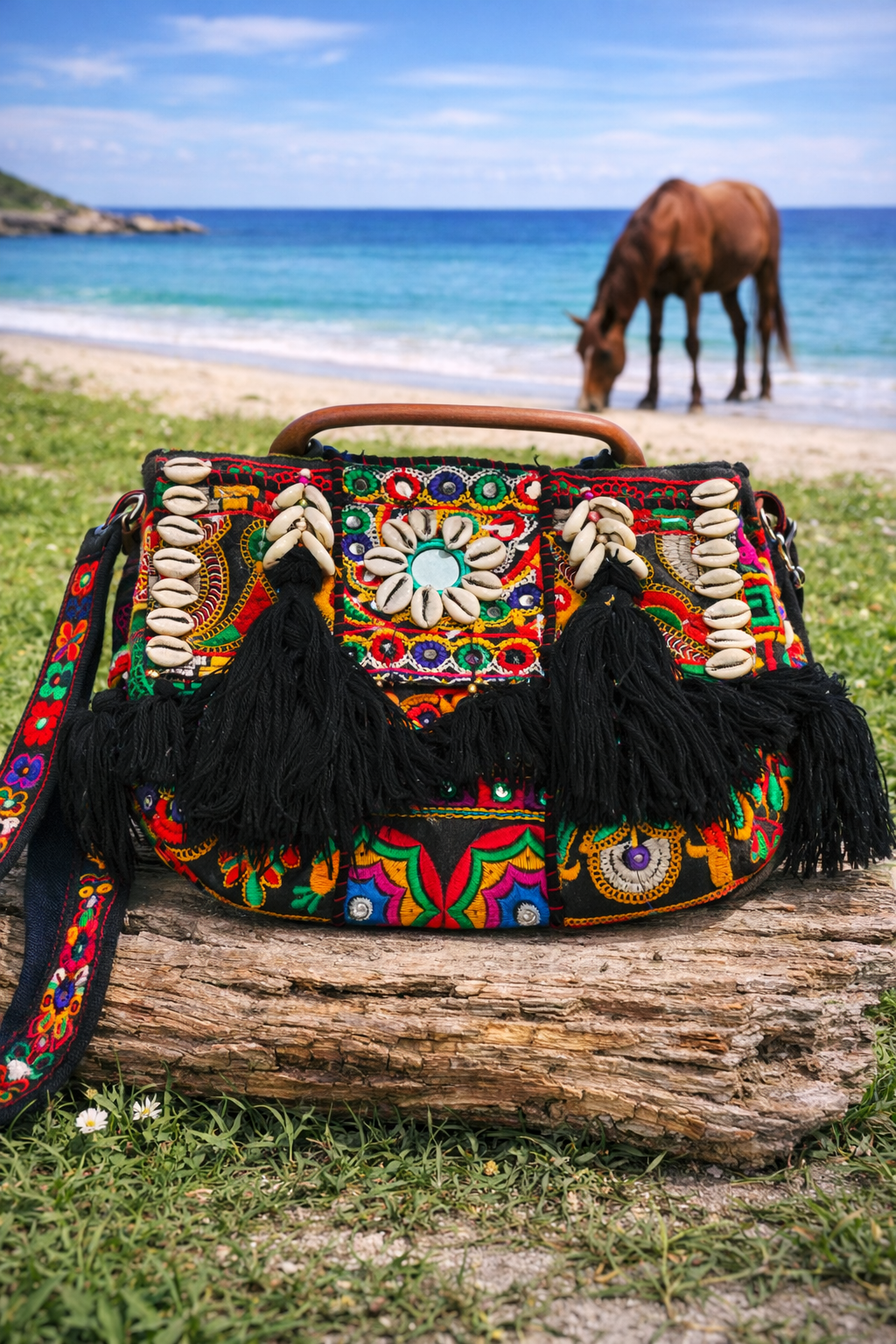 Black Royal Patchwork Embroidered Sling Bag with Shells, Mirror & Black Tassels