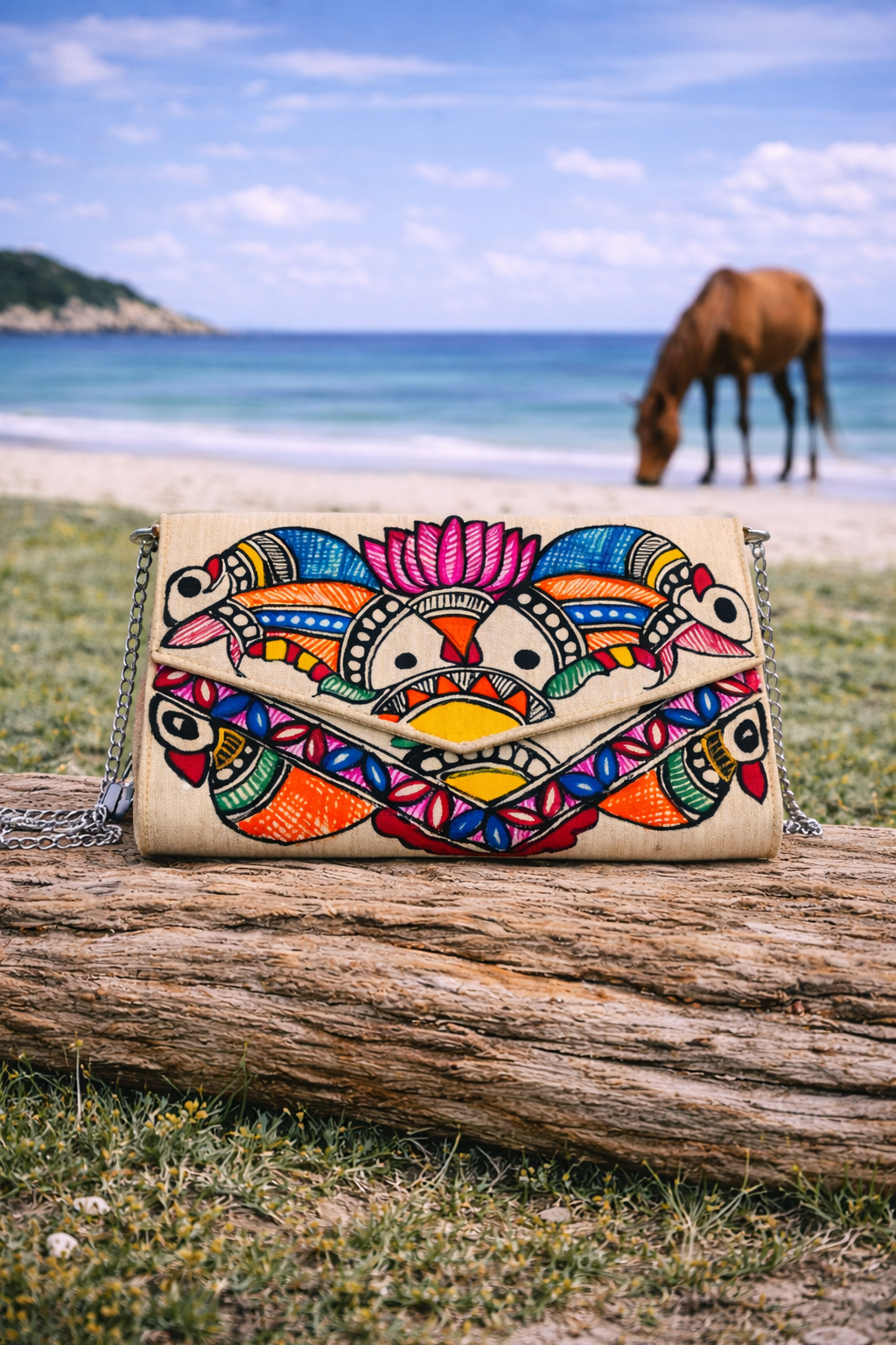 Madhubani Two Fish Canvas Clutch with Silver Chain & Zip Closure