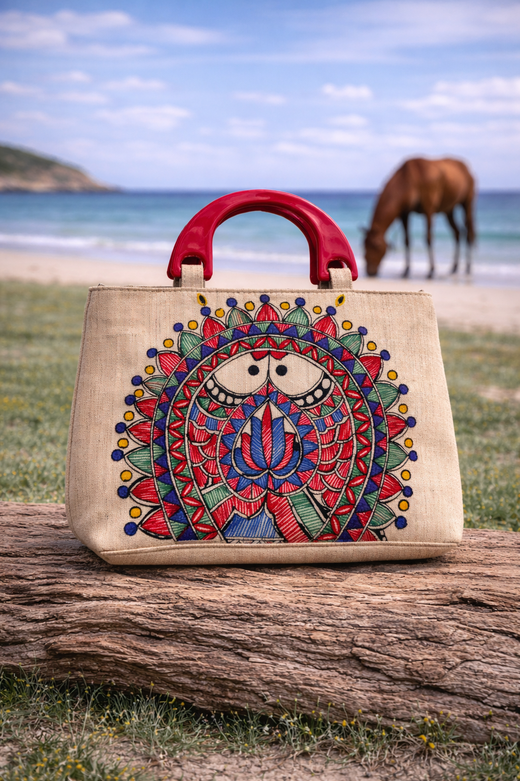 Madhubani Hand-Painted Pair of Fish Silk Bag with Wooden Handles