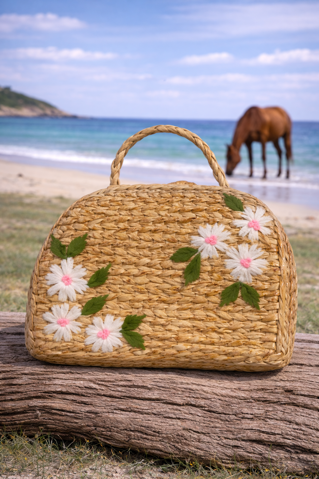 Kauna Grass Tote Bag with White Floral Embroidery – Medium Stiff Structured Handbag