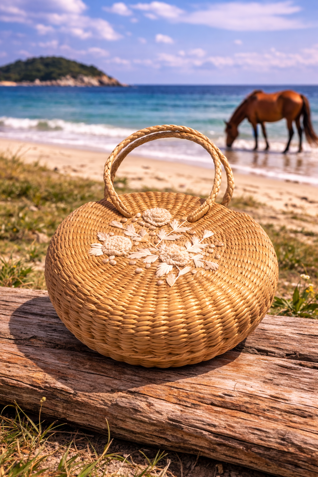 KG Big Round Floral Tote Bag with Short Strap – White Flower Design