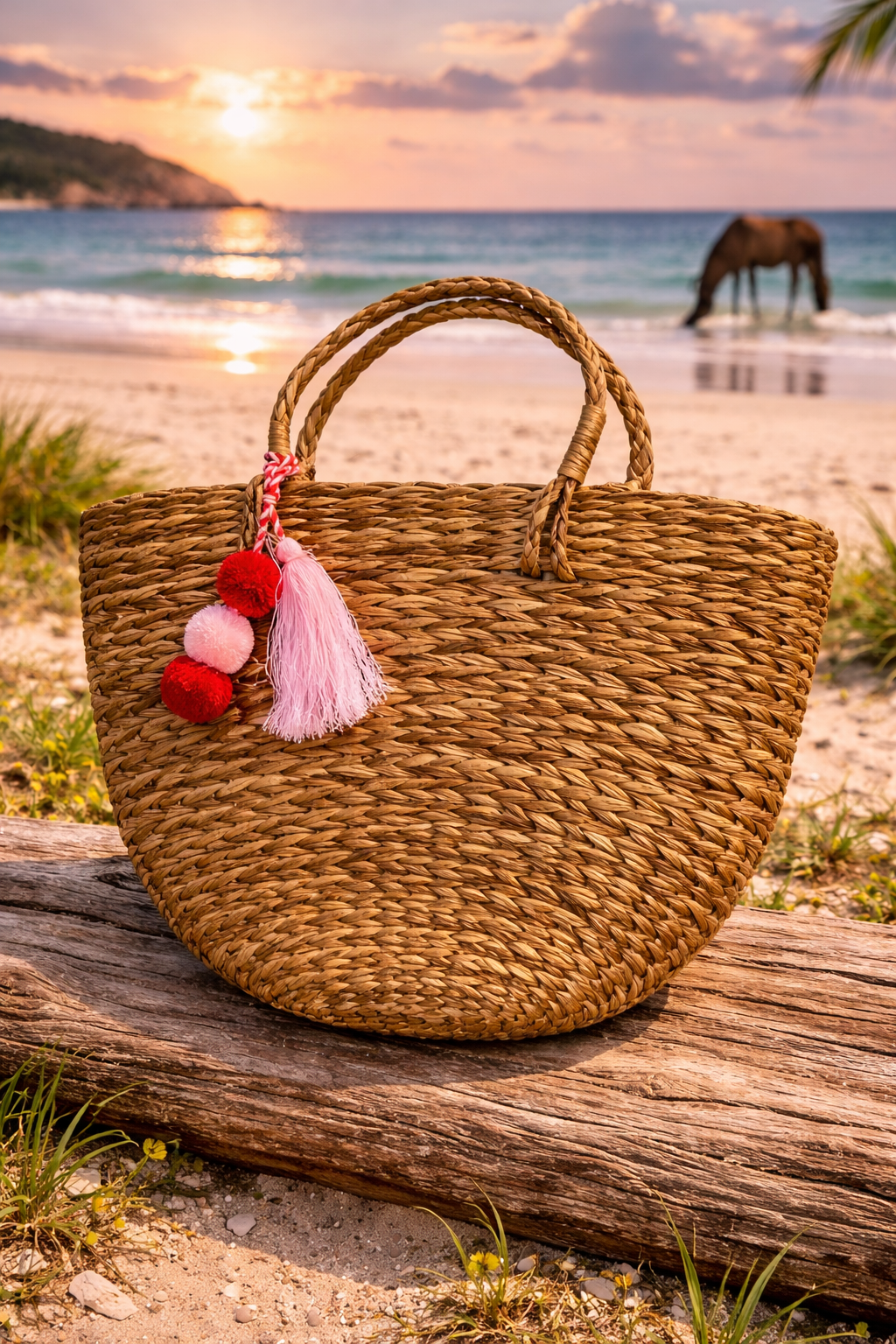 KG Big Semi-Circle Straw Bag with Pink Tassels & Short Handle