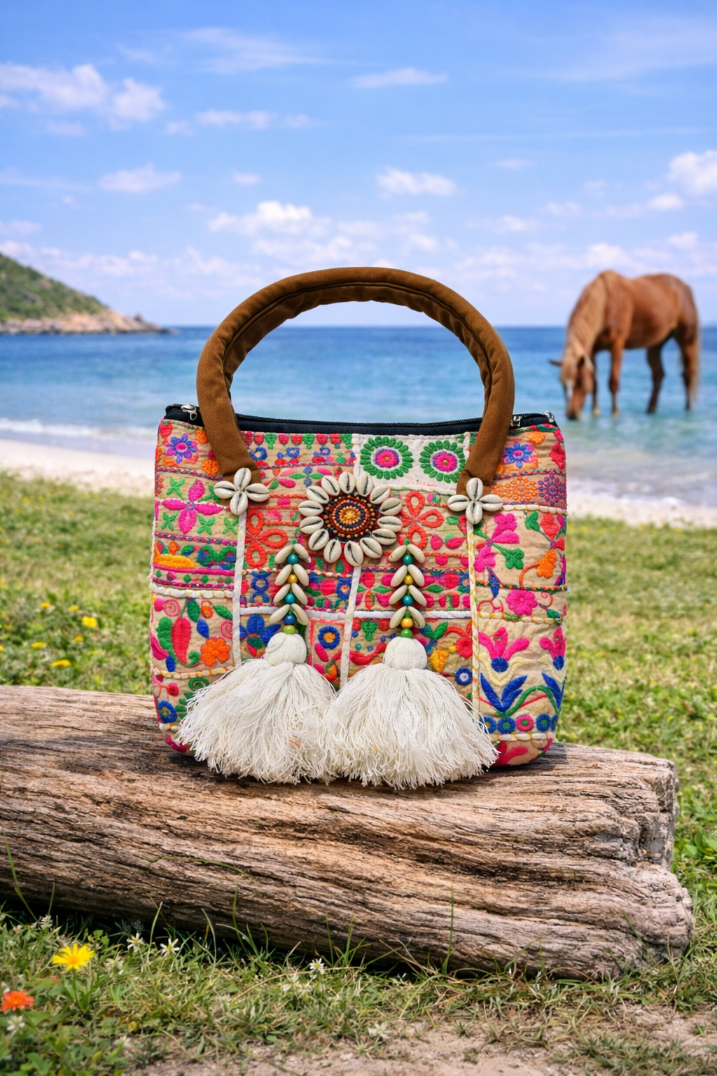 Cream Patchwork Banjara Shells Canvas Tote Bag with White Tassels – Boho Zipper Shoulder Bag