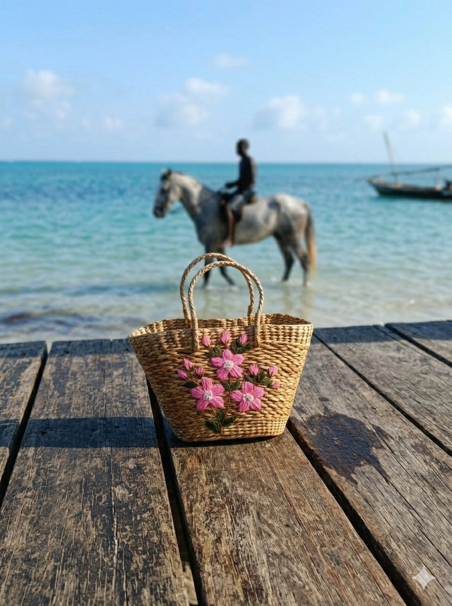 Large Manipuri Floral Handwoven Kauna Grass Shoulder Tote – Pure Natural Beach & Casual Carry Bag