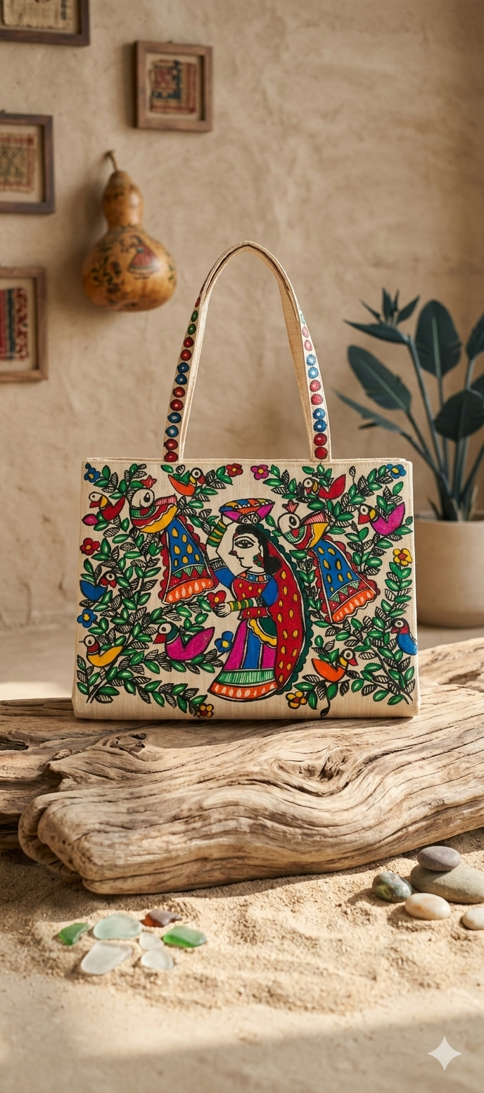 Madhubani Bag with Plate-Carrying Figure & Twin Peacocks