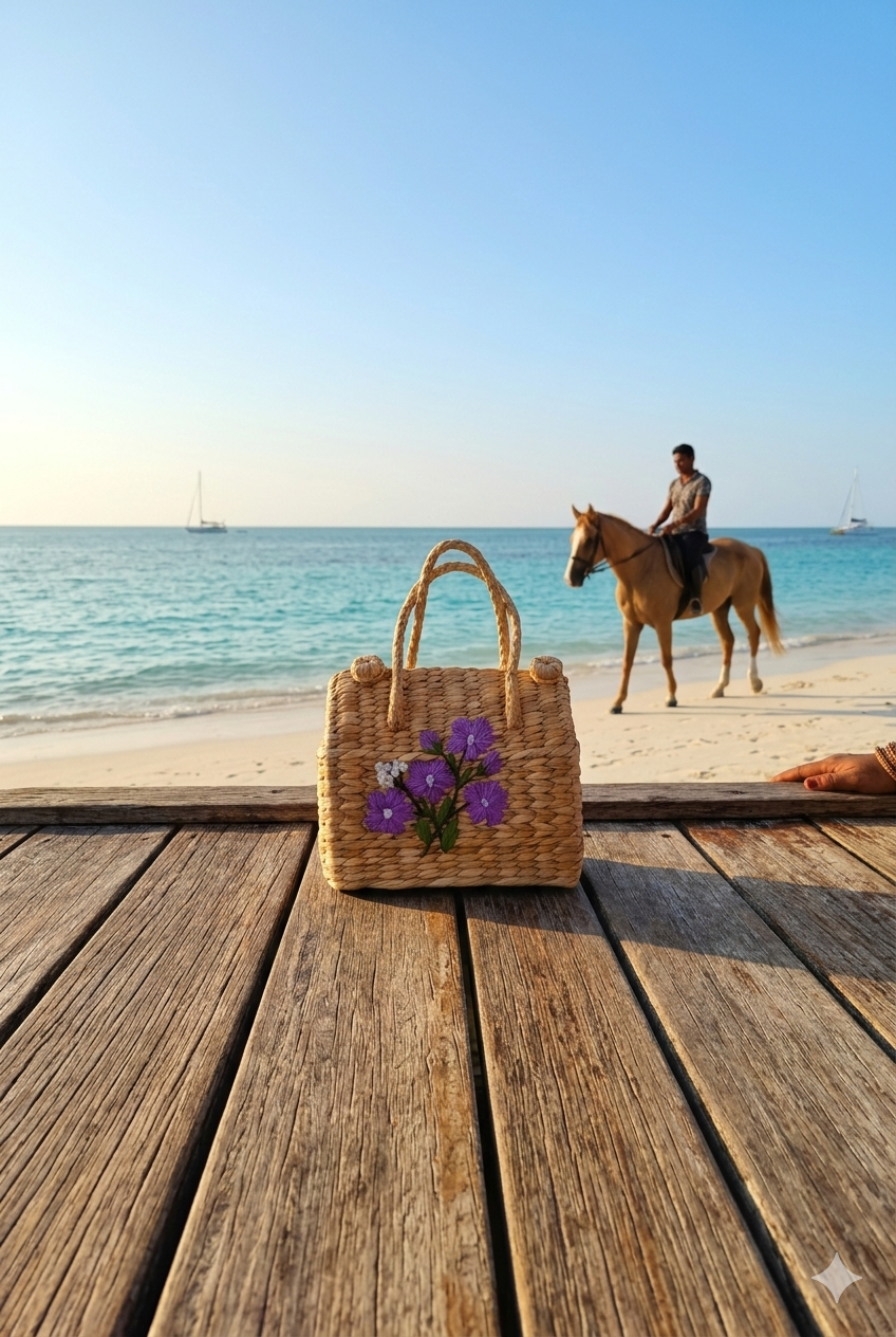 Kauna Grass Hand Bag with Lavender Floral Embroidery – Medium Stiff Structured Handbag