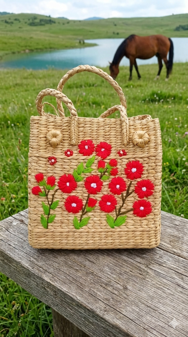 Handwoven Kauna Grass Tote Bag with Red Floral Embroidery – Natural Handmade Medium Carry Handbag