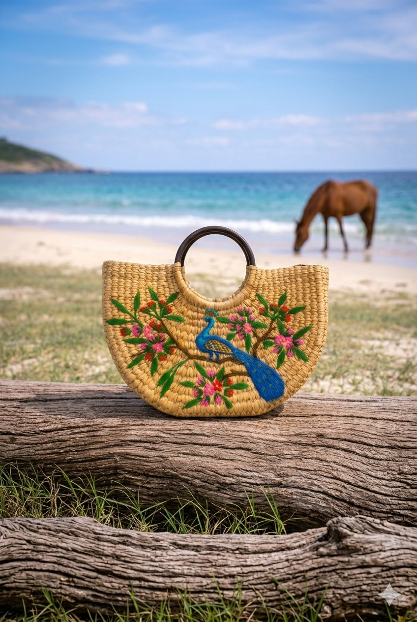 Handwoven Kauna Grass Carry Tote with peacock embroidery – Medium Handmade Shopping & boho look Bag