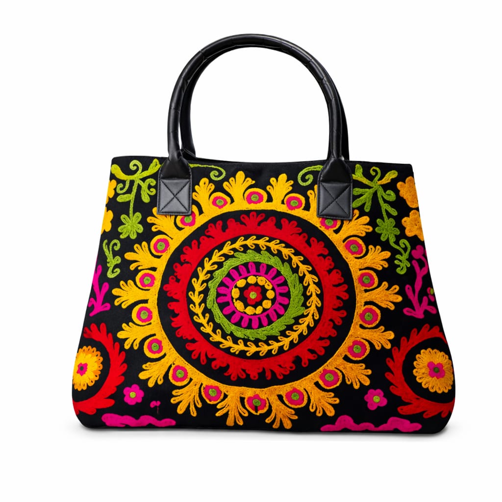 Suzani Embroidered Canvas Tote Bag – Expandable Bohemian Handcrafted Shoulder Bag