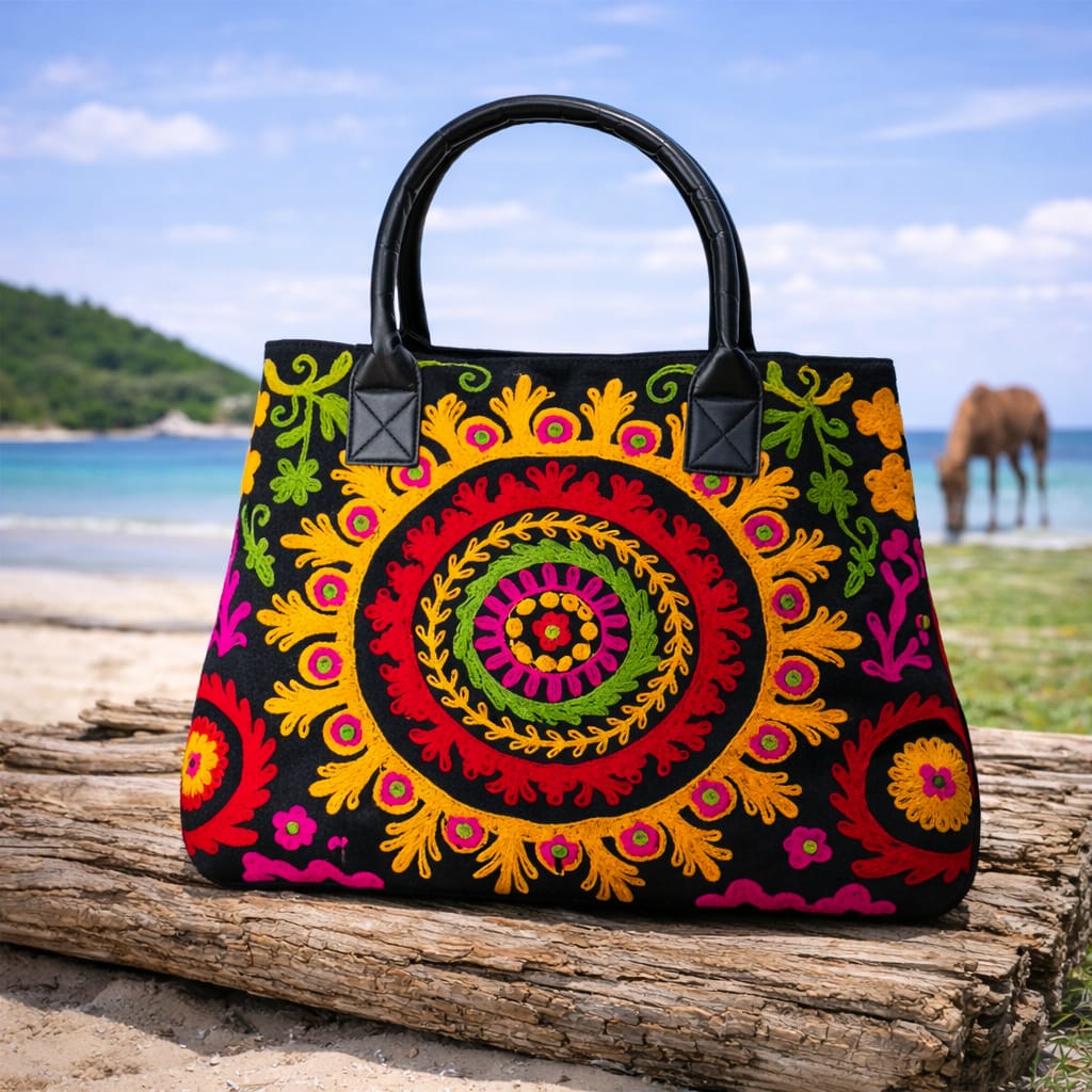 Suzani Embroidered Canvas Tote Bag – Expandable Bohemian Handcrafted Shoulder Bag