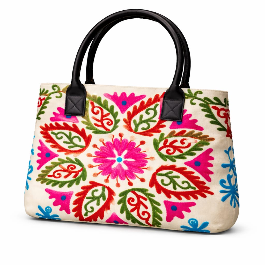Suzani Embroidered Canvas Tote Bag – Expandable Bohemian Handcrafted Shoulder Bag