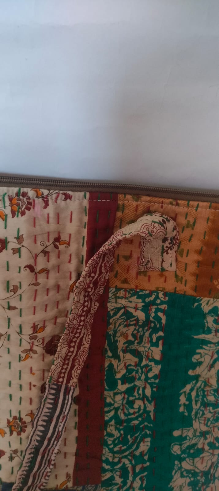 Patchwork Kolkatta Blue Beige Kantha Stitch Cotton Tote Bag