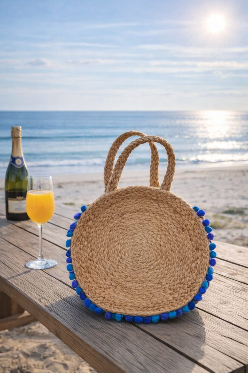 Azure Jute Bloom Round Handbag