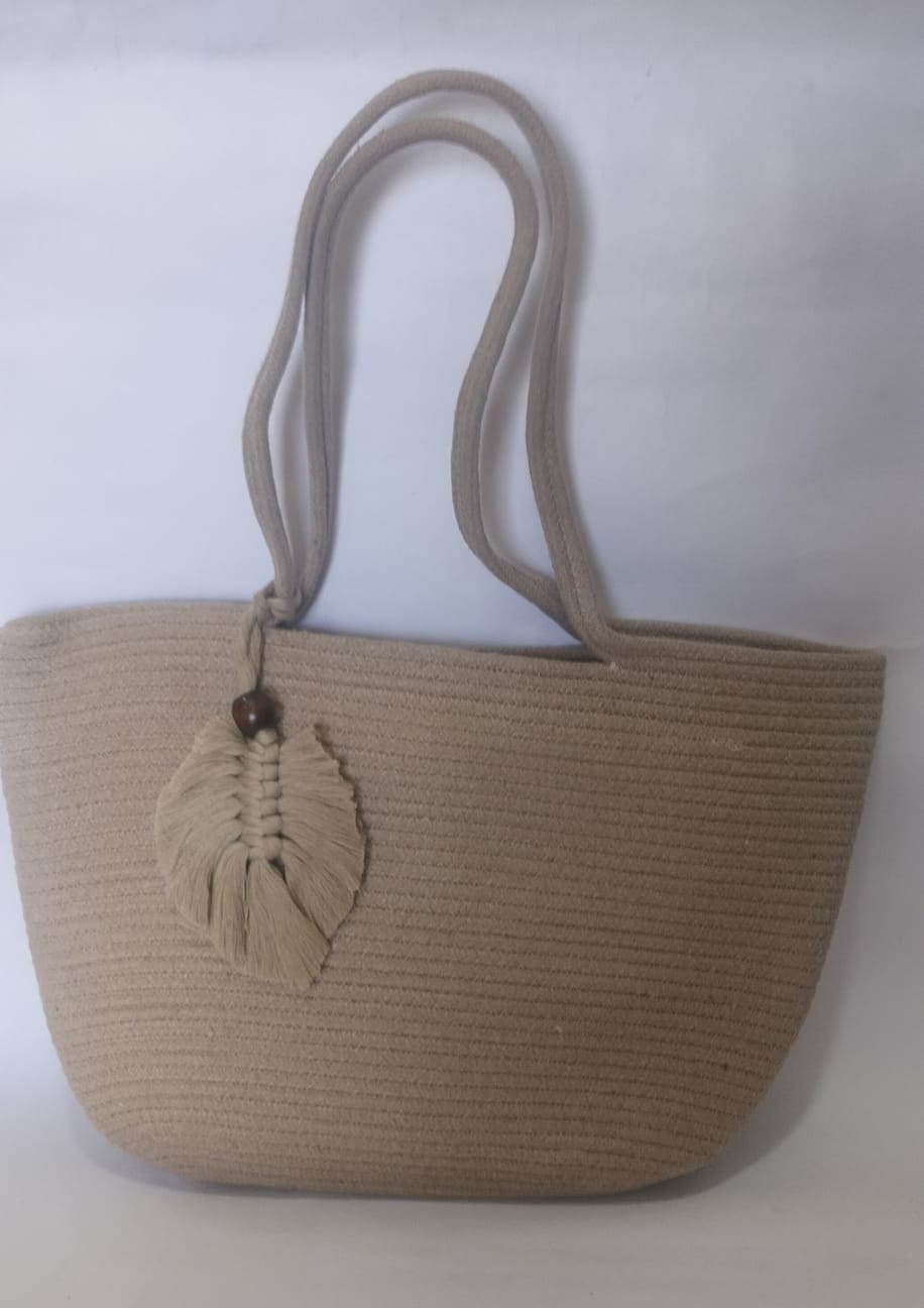 Beige Cotton Rope Shoulder Handbag – Elegant Office Tote (13” x h 9.5”)