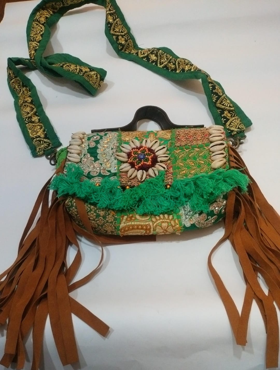 Handcrafted Green Patchwork Sling Bag with Tassels & Embellished Strap