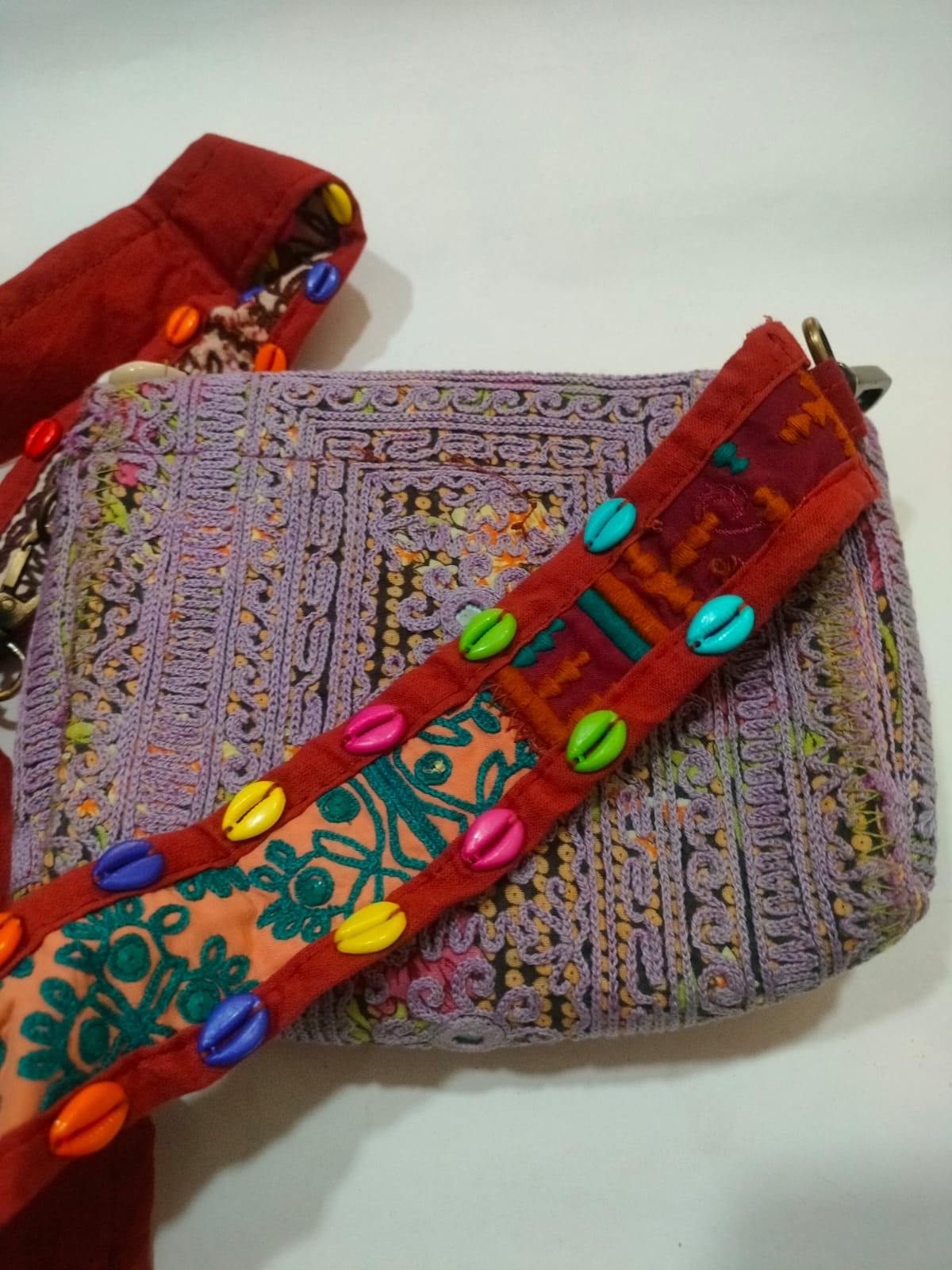 Light Mauve & Maroon Banjara embroidered Shells Small Sling Bag with Coluorful Shells