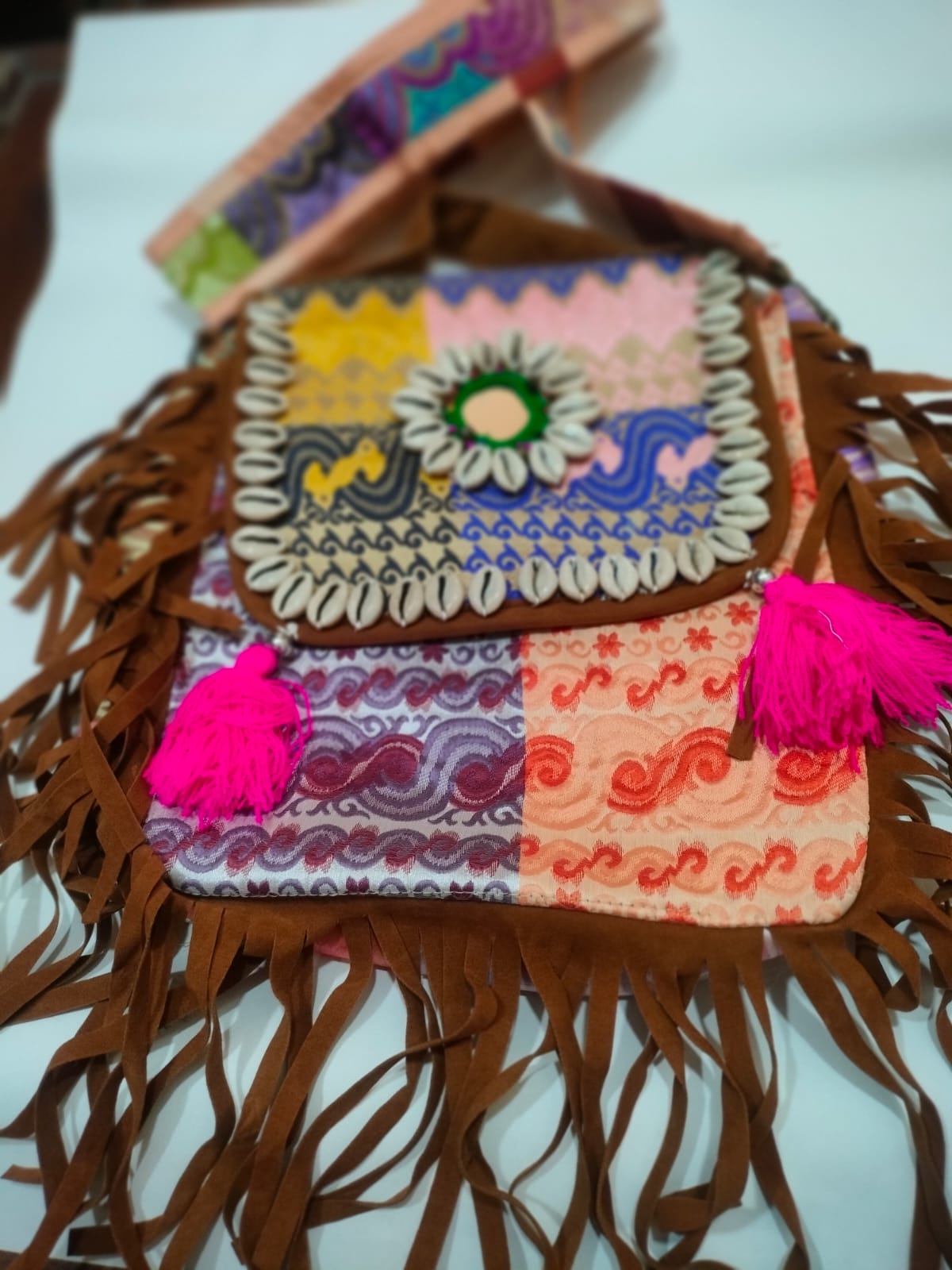 Peach Embroidered Banjara Backpack with Multicolor Sub-Beads & Dual Straps