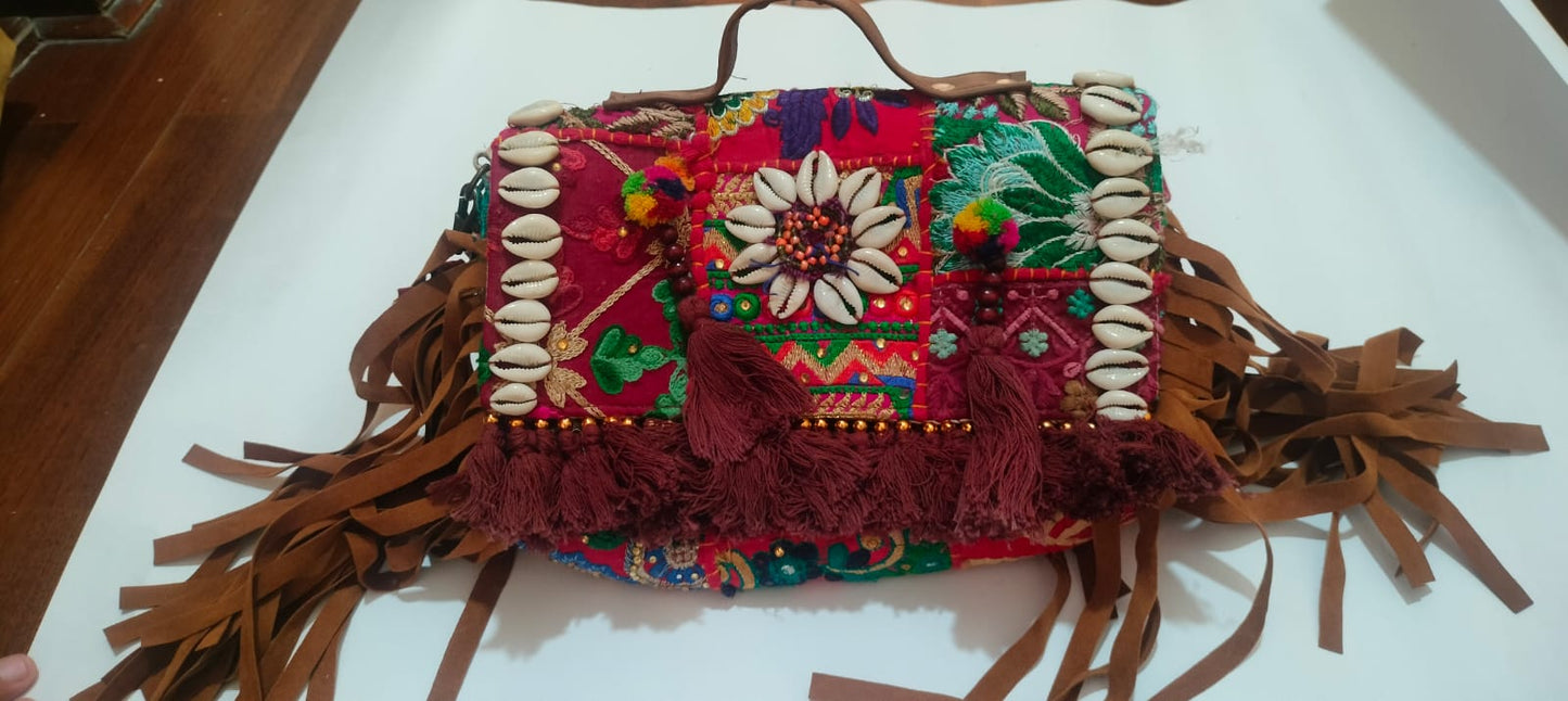 Shell Patchwork Boho Sling Bag – Dark Brown & Maroon BMRG | 8×11″ with Tassels & Cowrie Shells