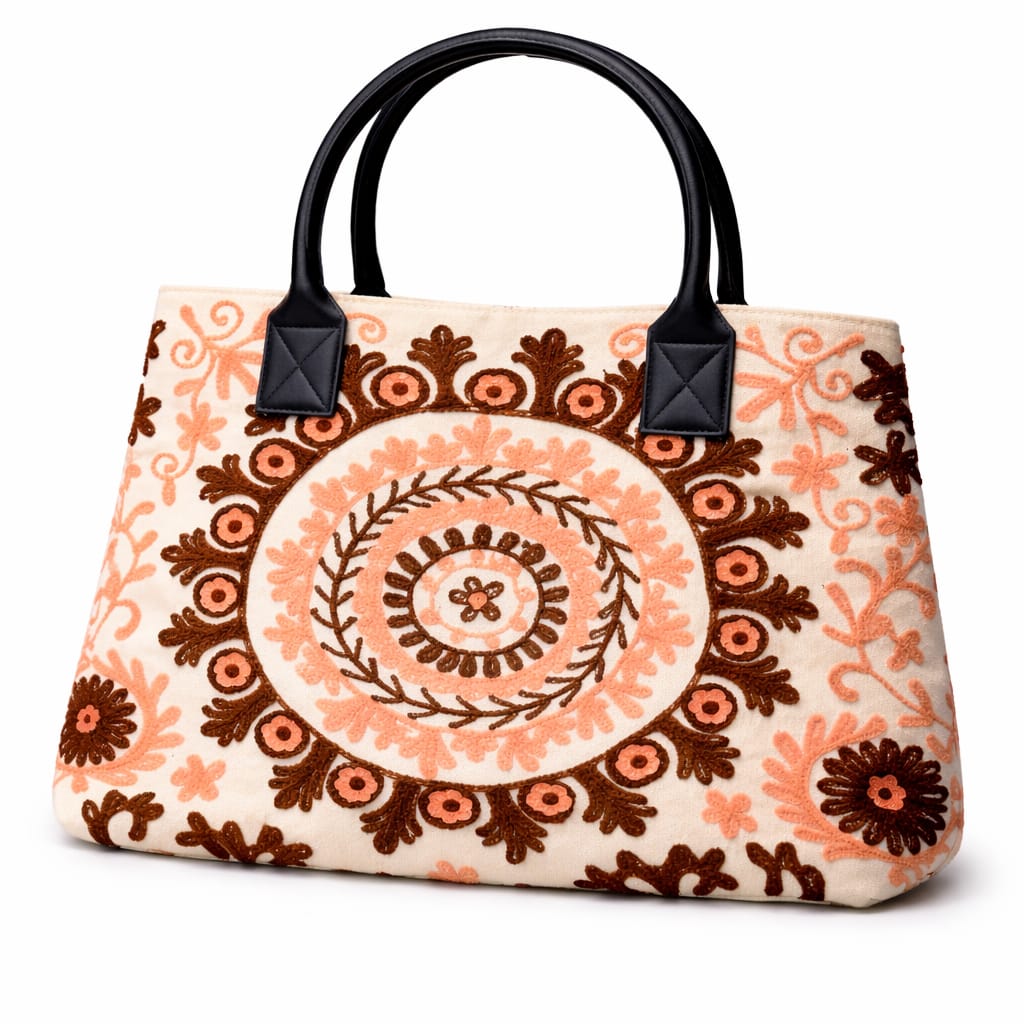 Suzani Embroidered Canvas Tote Bag – Expandable Bohemian Handcrafted Shoulder Bag