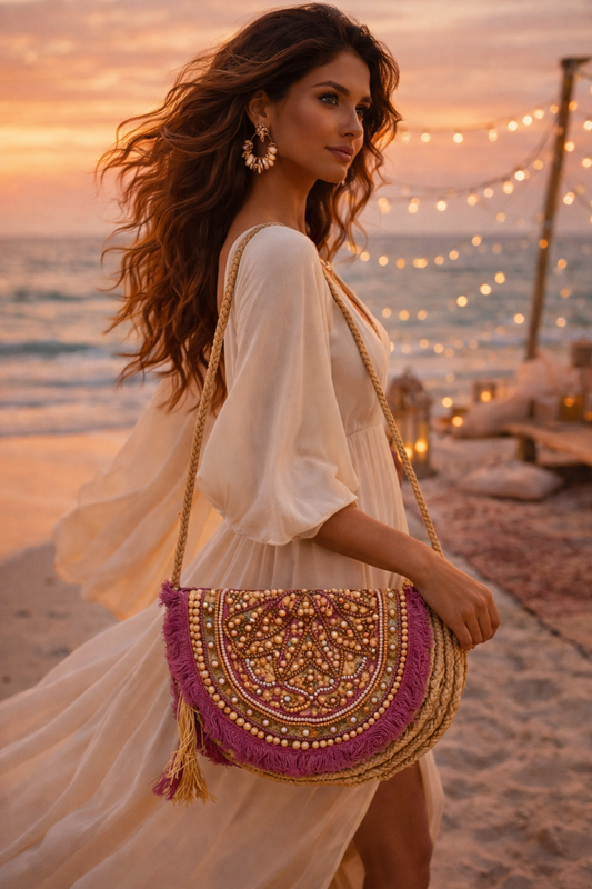 Light brown pink Embellished Boho  Big Sling Bag