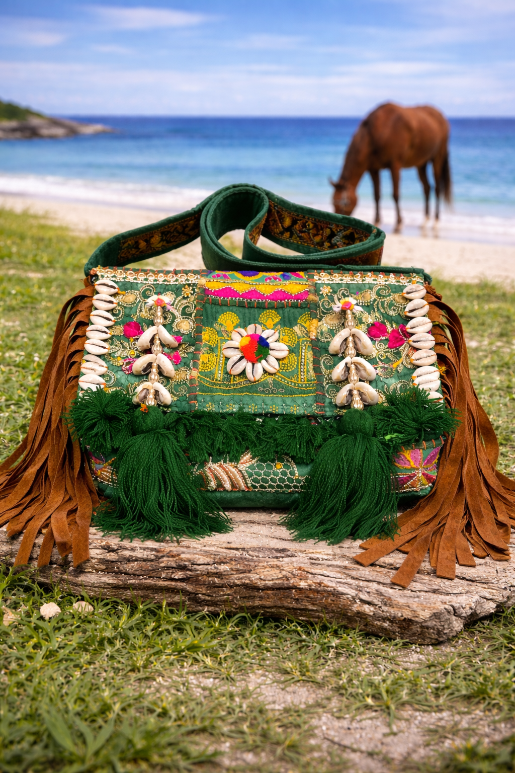 Bottle Green Patchwork Banjara Sling Bag with Green Tassel & Long Strap