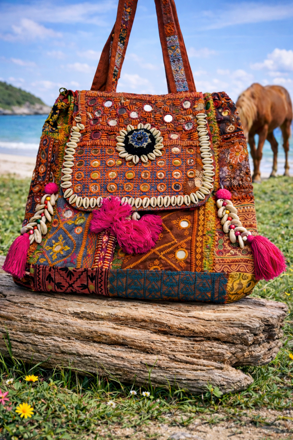 Mirror Patchwork Embroidered Shoulder Bag – Orange & Pink with Cowrie Shells | 15×16″