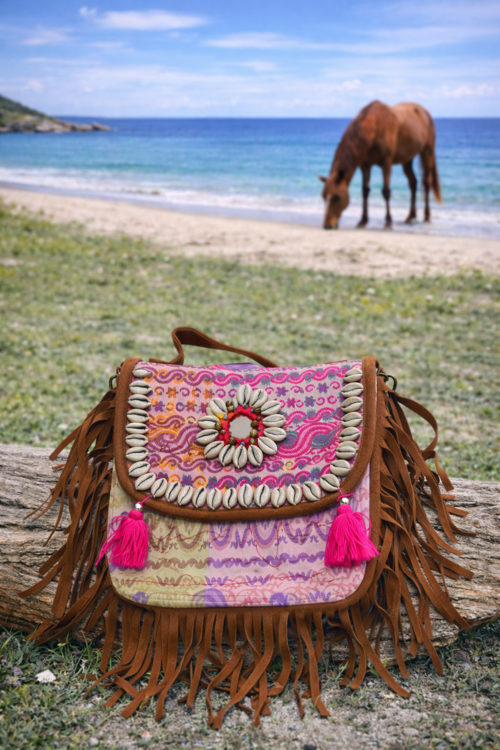 Pink Mirror Patchwork Backpack with Cowrie Shells – Boho Ethnic Bag | 11×10×3″