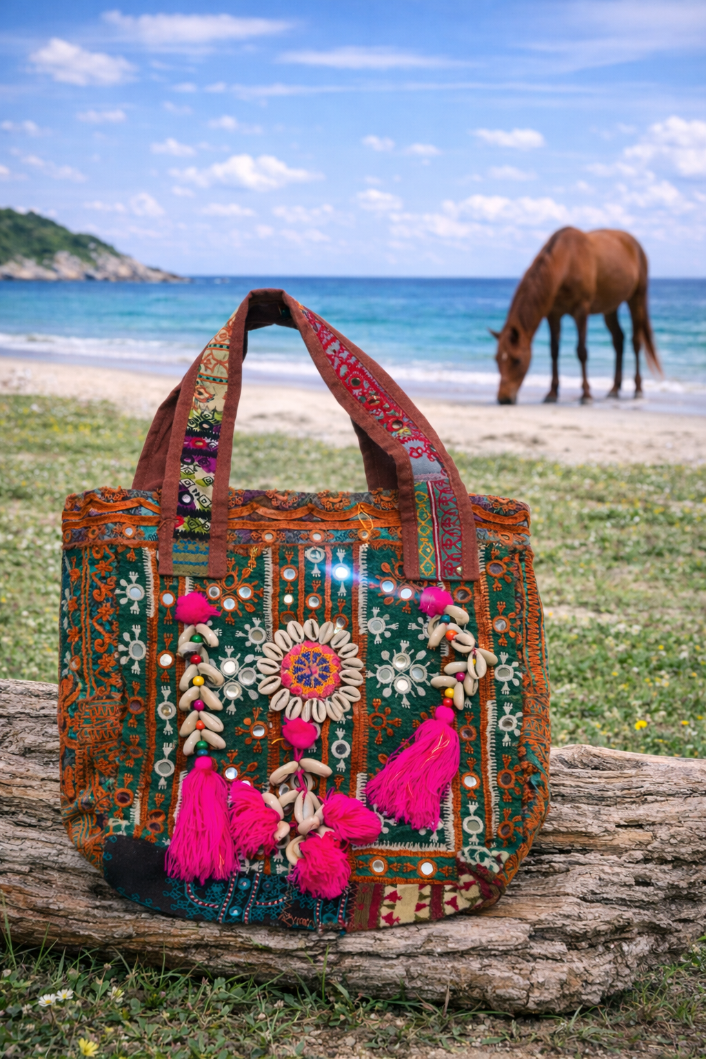 Peacock Mirror Embroidered Tote Bag with Pink Shells & Tassels