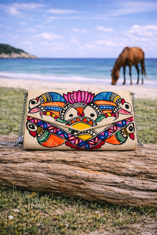 Madhubani Two Fish Canvas Clutch with Silver Chain & Zip Closure