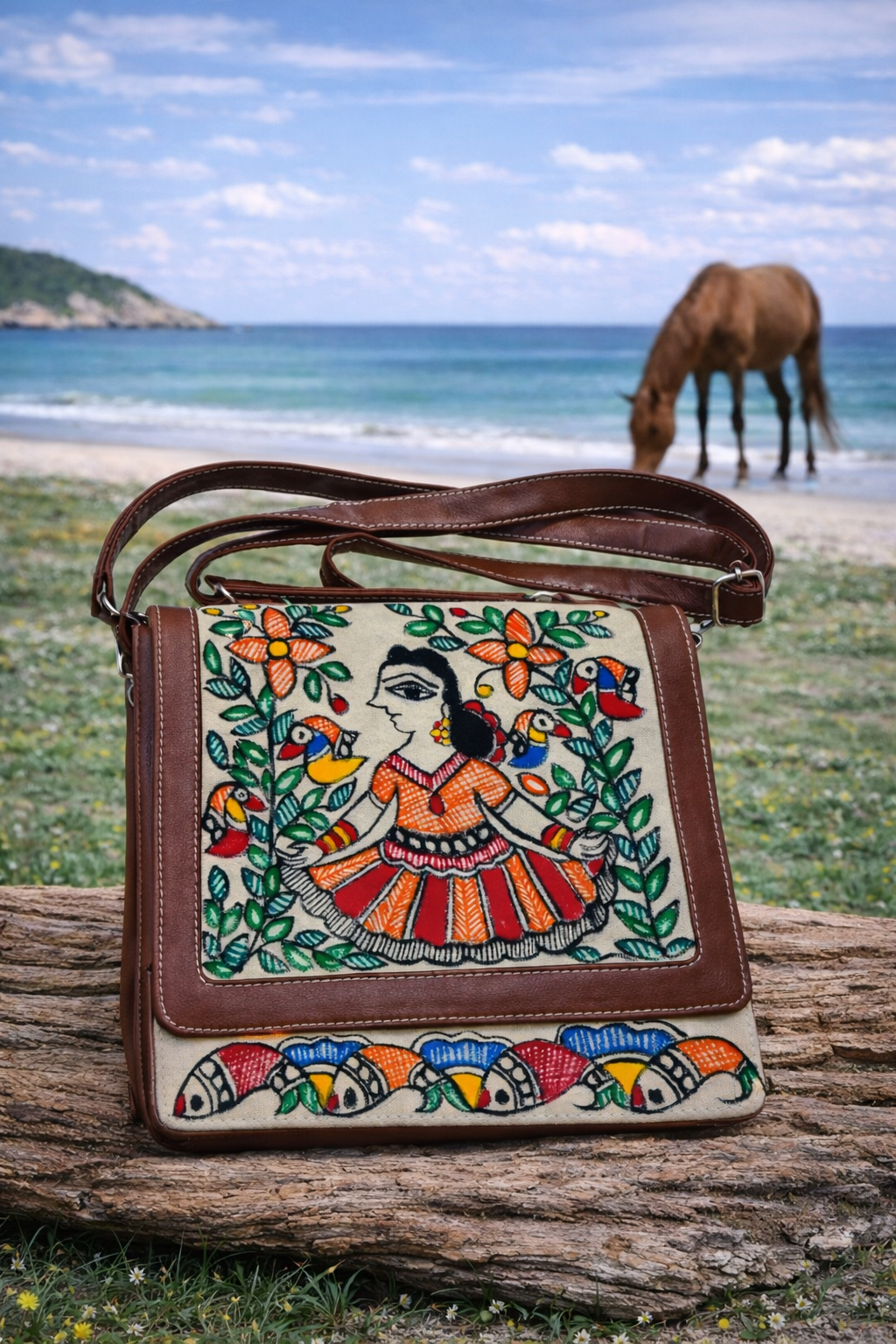 Madhubani Woven Leaf Office Bag with Long Strap