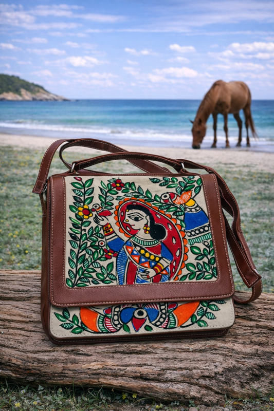 Madhubani Woven Birds Office Bag with Long Strap