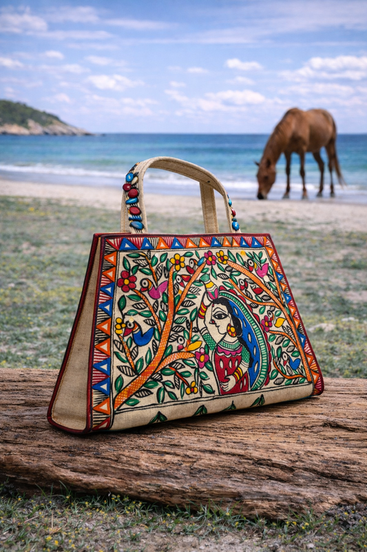 Madhubani Hand-Painted Woman Carrying Pot Canvas Clutch with Silver Chain