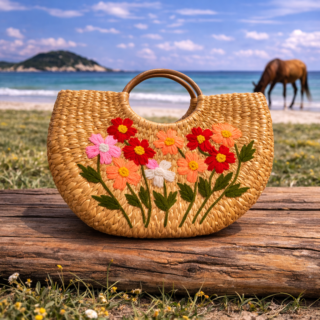 Semicircle Floral medium Handbag with Wooden Handle – Peach, Pink & Red
