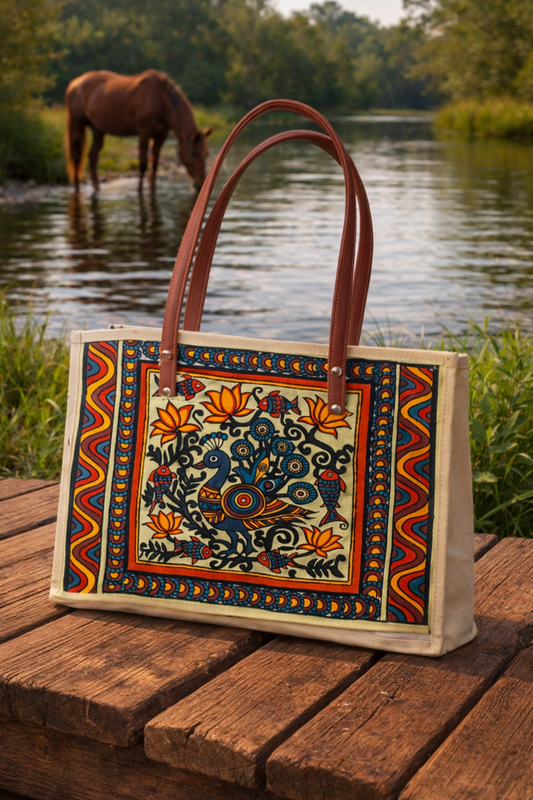 Boho Madhubani Peacock Tote bag Handpainted on Canvas Tote Bag (12” x 15”)