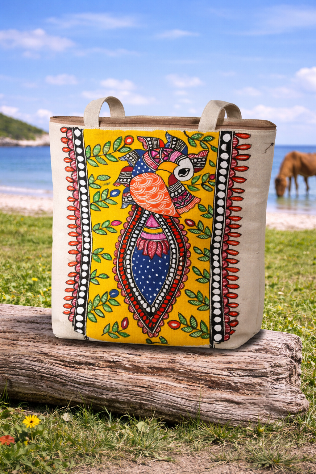 Big Madhubani Peacock Handpainted Canvas Tote Bag – Large Boho Shoulder Bag for Shopping & Outings