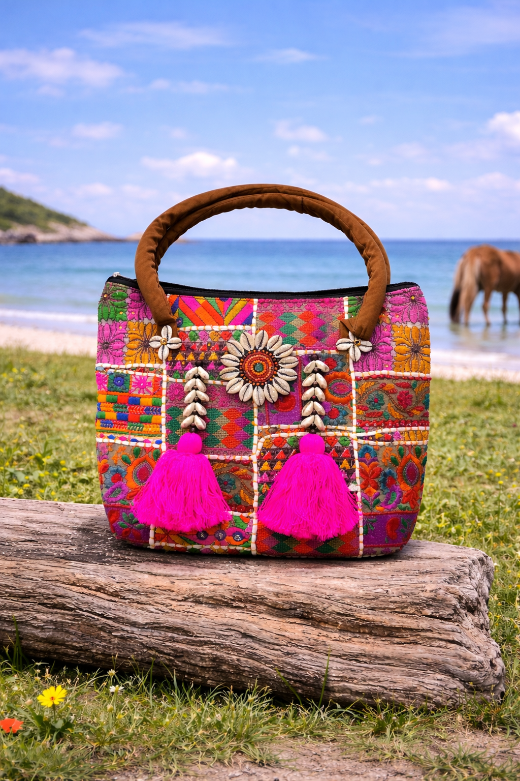 Pink Patchwork Banjara Shells Canvas Tote Bag – Boho Zipper Shoulder Bag for Beach & Parties