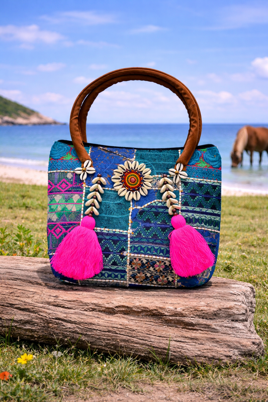 Blue Multicolor Patchwork Banjara Shells Canvas Tote Bag with Pink Tassels – Boho Zipper Shoulder Bag