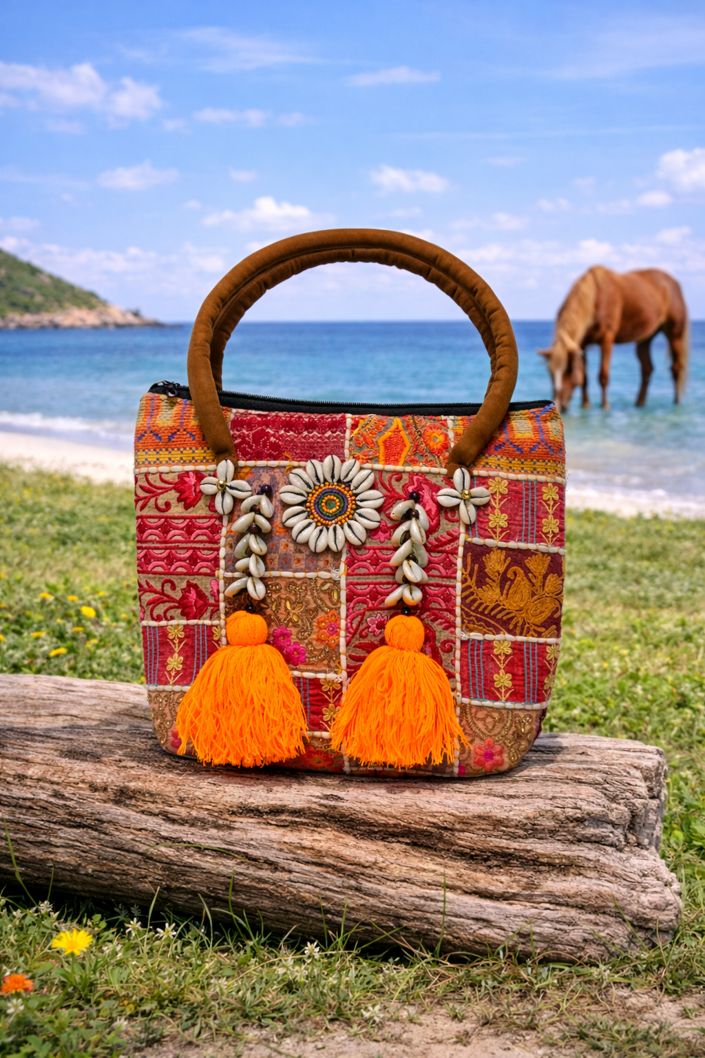 Orange Patchwork Banjara Shells Canvas Tote Bag with Orange Tassels – Boho Zipper Shoulder Bag