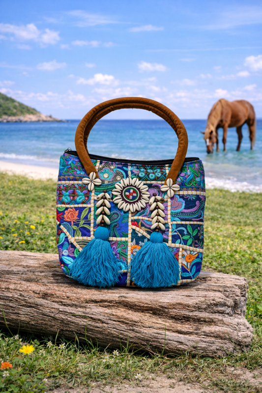 Blue Patchwork Banjara Shells Canvas Tote Bag with Blue Tassels – Boho Zipper Shoulder Bag