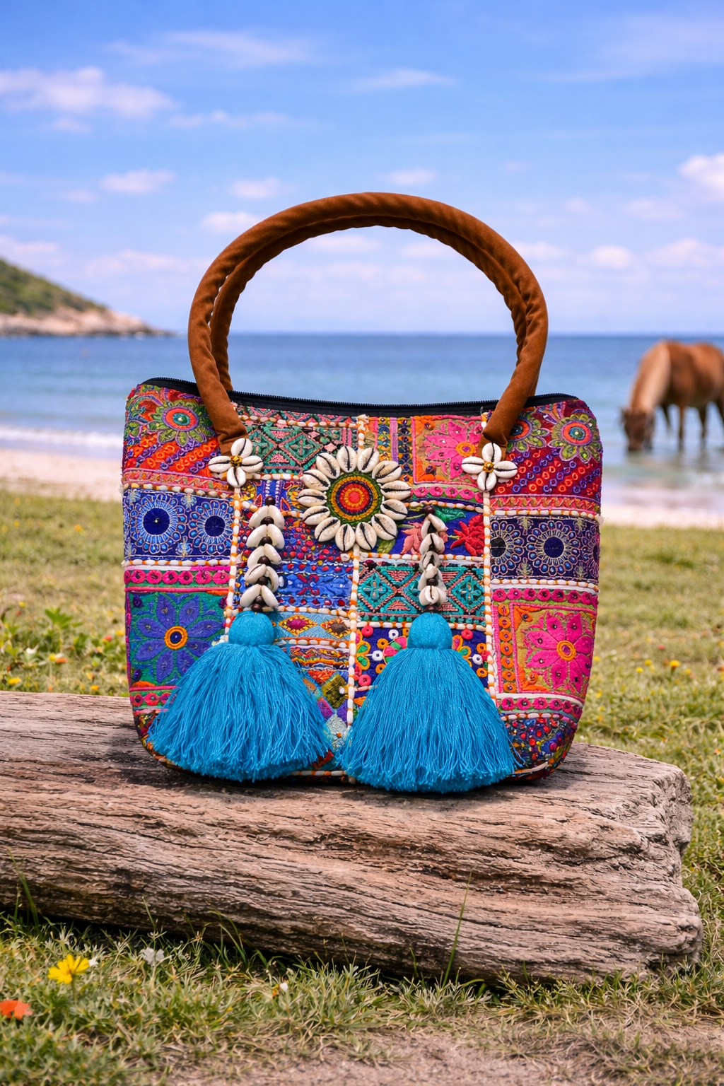Blue Pink Multicolor Patchwork Banjara Shells Canvas Tote Bag with Blue Tassels – Boho Zipper Shoulder Bag