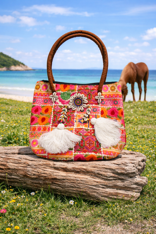 Tote Patchwork – Orange & Magenta Banjara Shell Boho Tote Bag