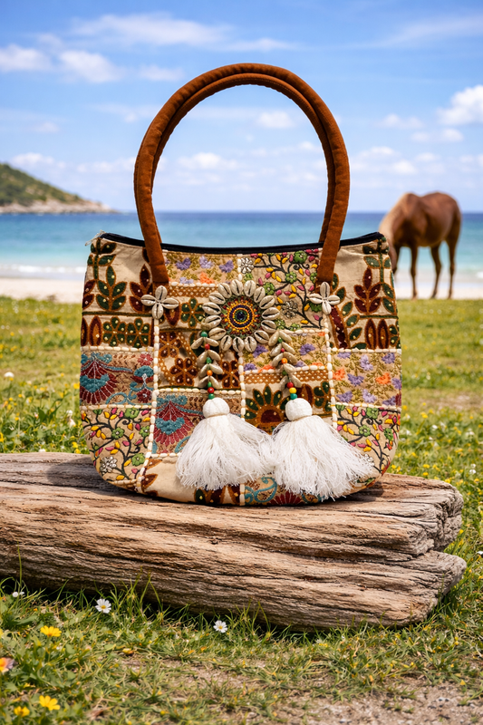 Tote Patchwork – White Banjara Shell Boho Tote Bag