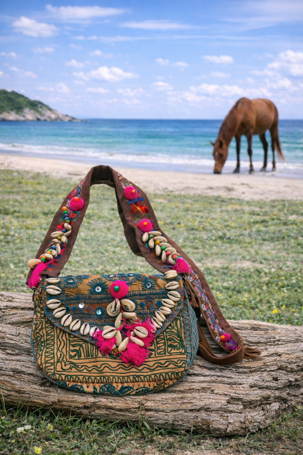 Multicolor Patchwork Embroidered Sling Bag with Shells & Pink Tassels