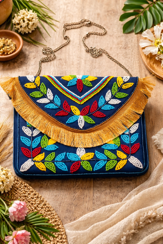 Handmade Blue Leaf Beaded Canvas & Canvas Bag