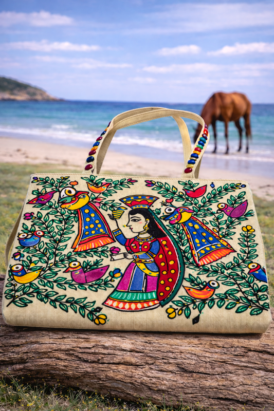 Madhubani  Bag with Plate-Carrying Figure & Twin Peacocks