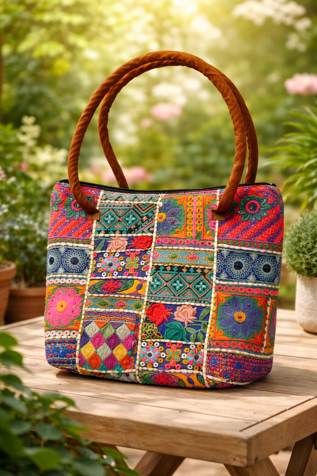 Blue Pink Multicolor Patchwork Banjara Shells Canvas Tote Bag with Blue Tassels – Boho Zipper Shoulder Bag