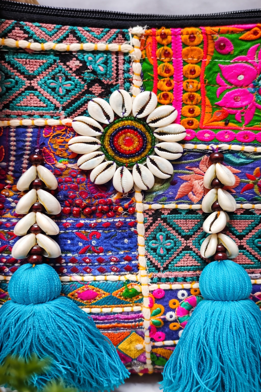 Blue Pink Multicolor Patchwork Banjara Shells Canvas Tote Bag with Blue Tassels – Boho Zipper Shoulder Bag