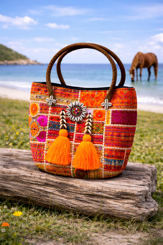 TotePatchwork – Orange Banjara Shell Boho Tote Bag
